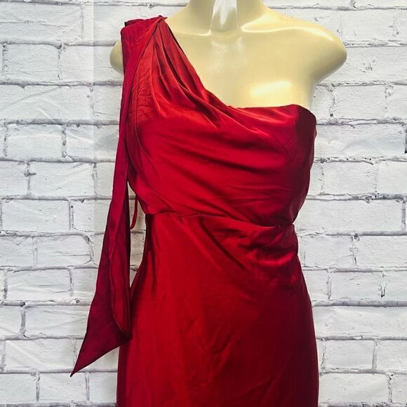Mac Duggal Womens Deep Red Satin Bow One-Shoulder Midi Dress Size 12 - Picture 2 of 8